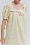 Embroidered Cotton Square Neck Baby Doll Dress W/ Crochet Patch